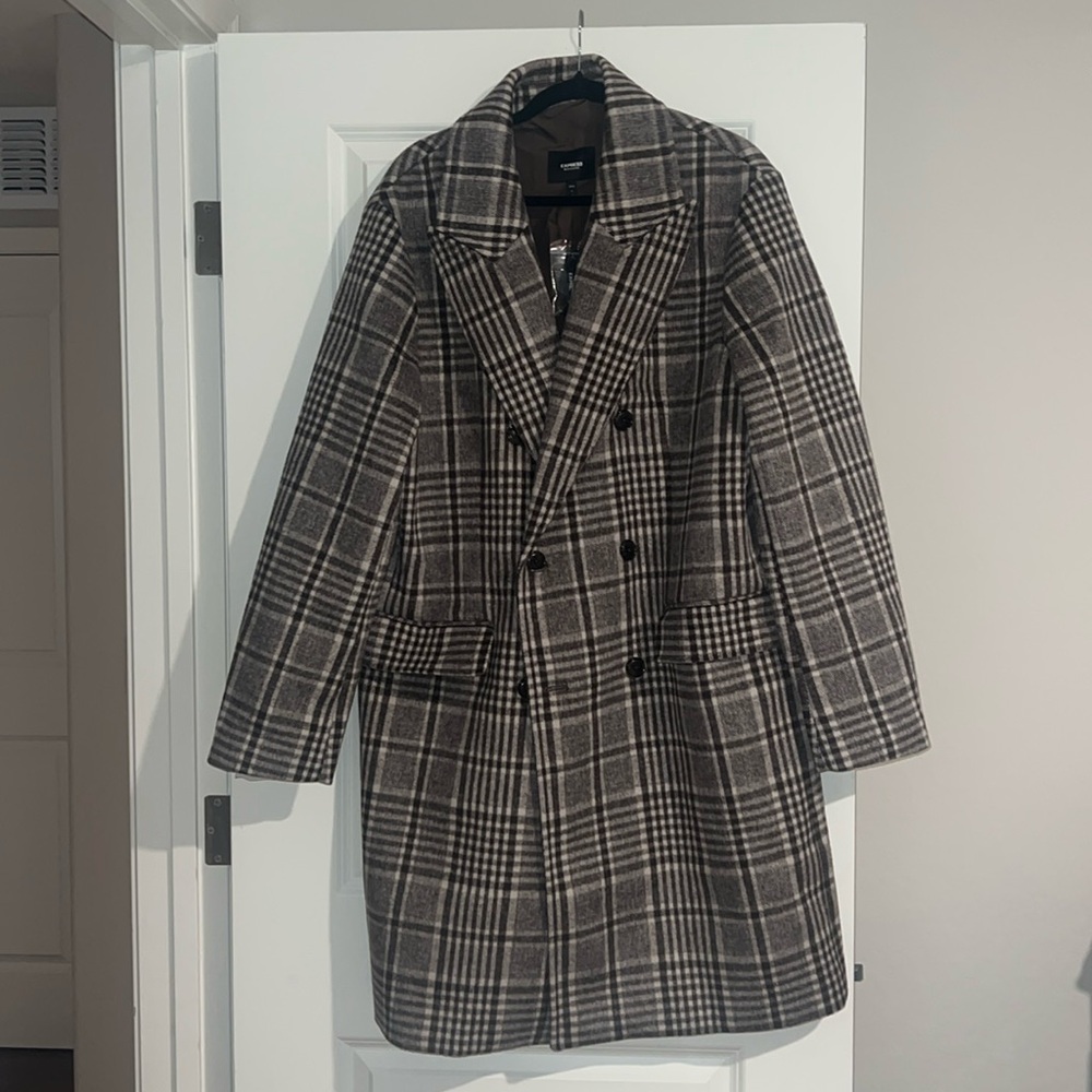 Men’s Express Plaid Double-Breasted Wool-Blend Topcoat Large